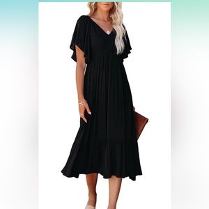 Women’s Smocked V Neck Ruffle Flowy Midi Dress